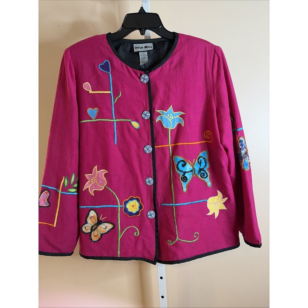 Indigo Moon Women Jacket M Hot Pink Lined Floral Applique Embroidered Butterfly